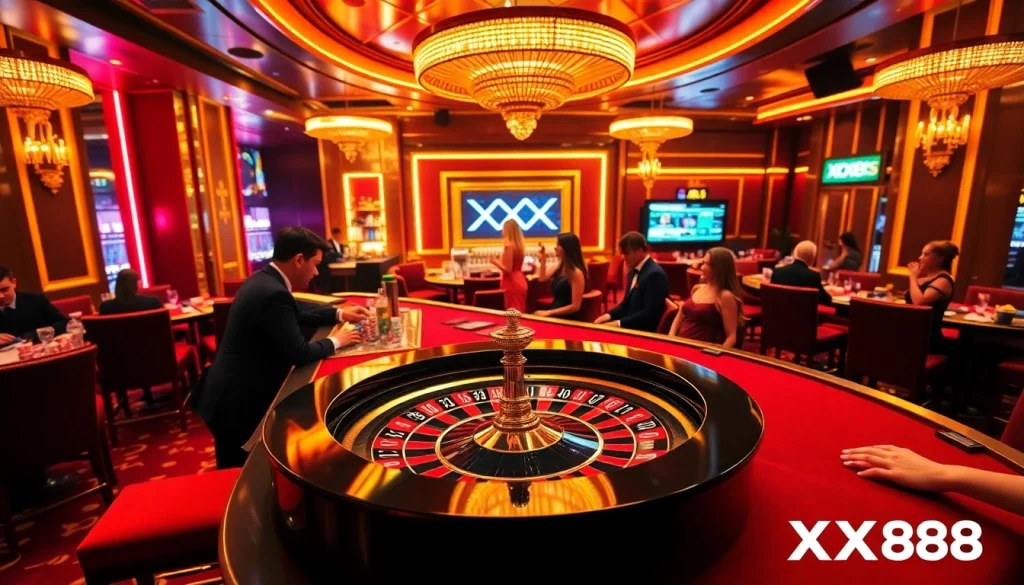 Discover the thrill of winning at the XX88 casino roulette table with vibrant colors and lively players.