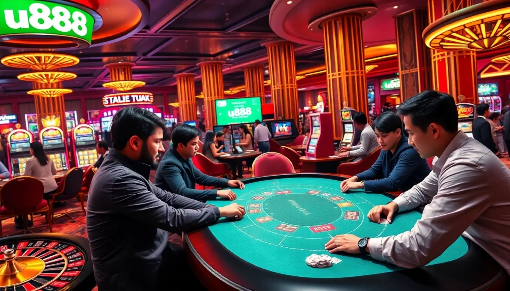 Experience thrilling moments at https://u888.deal/ with players enjoying diverse casino games at a vibrant gaming floor.