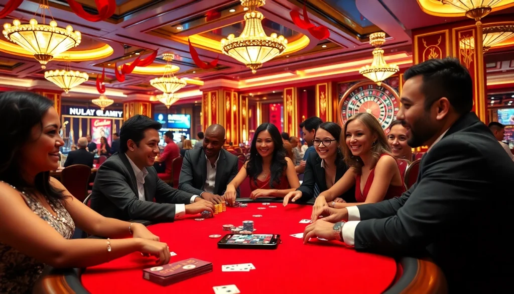 Experience the thrill of gacor123 poker as players engage in a high-stakes game, surrounded by a glamorous casino backdrop.