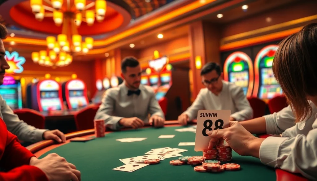 Experience the thrill of SUNWIN 88 at an electrifying poker table, where players make their winning moves.