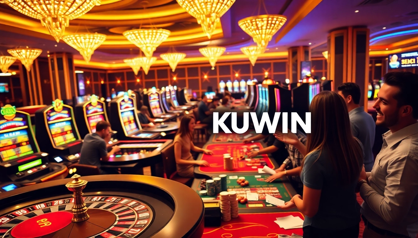 Experience the thrill of winning with KUWIN at lively casino tables featuring roulette and poker chips.